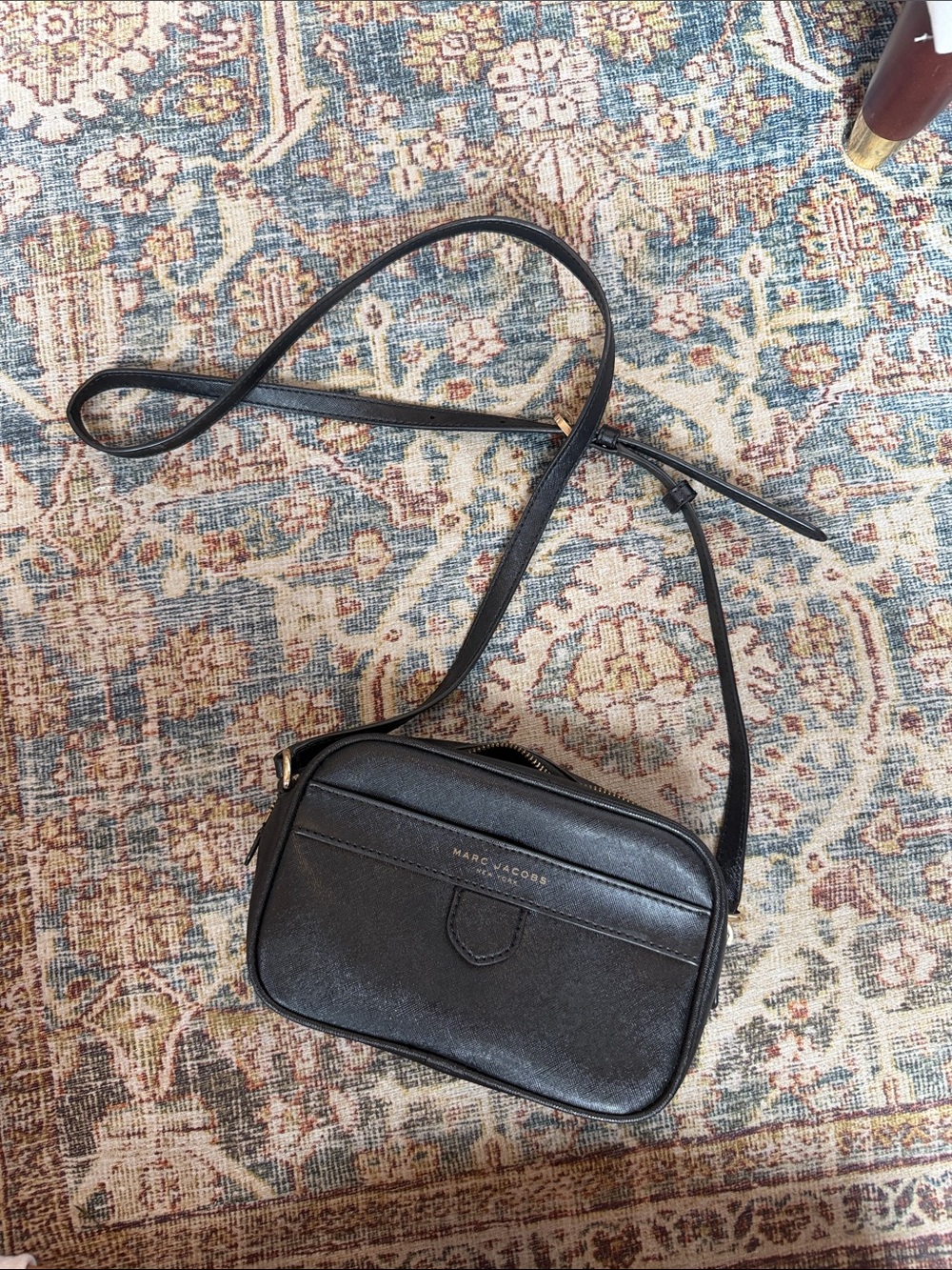 Marc Jacobs Black Saffiano Crossbody Camera Bag with Gold Logo